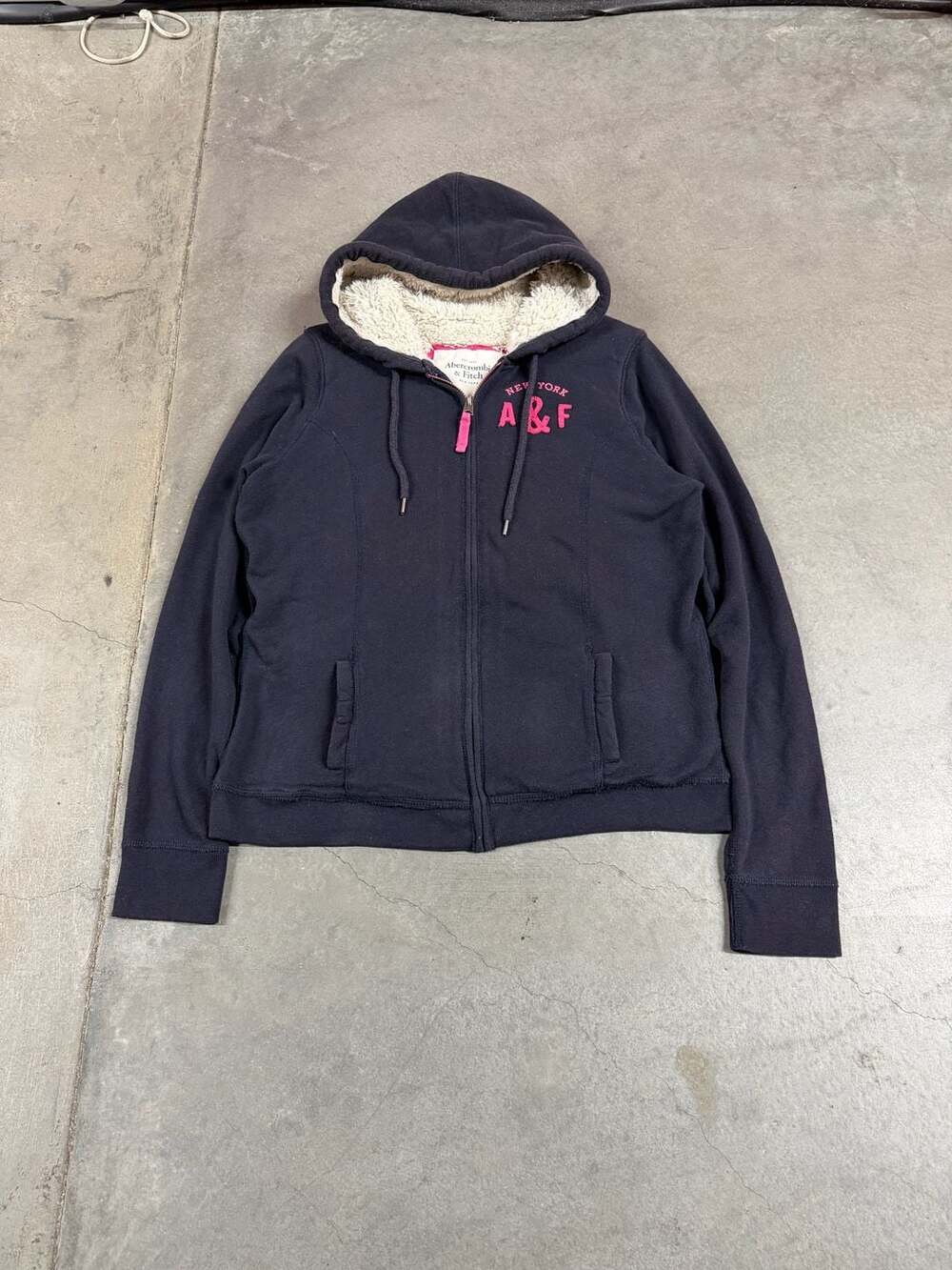 Abercrombie & Fitch Vintage Y2K Sherpa Lined Full Zip Hoodie Navy Blue Women's S